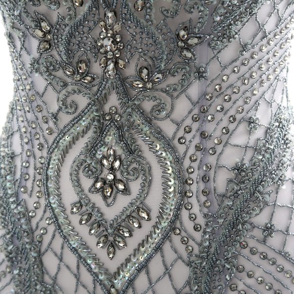 Mermaid Beaded Dusty Blue Prom Dress Luxury Formal Evening Gown - Picture 6 of 8